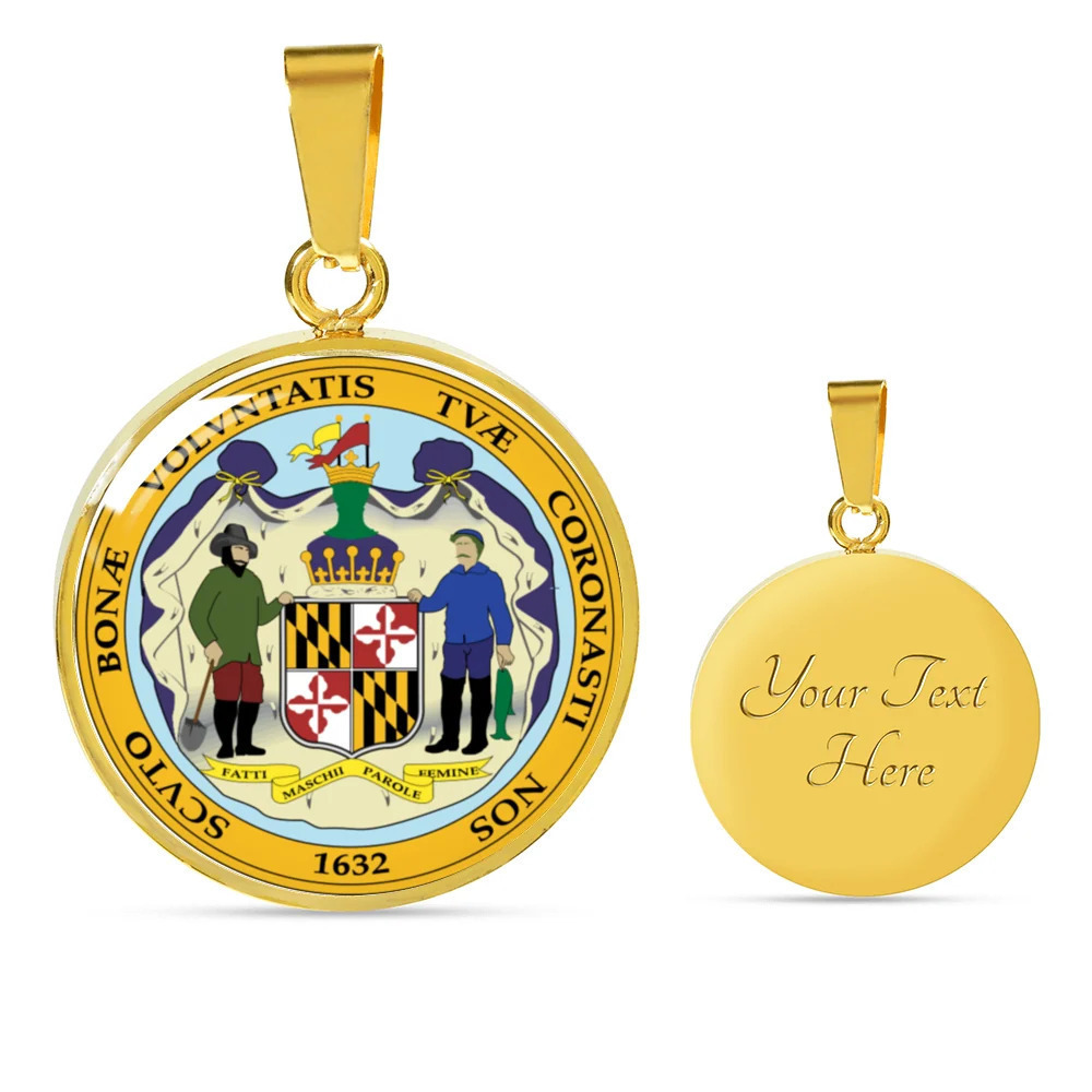 Maryland State Seal Personalized Engraved Gold Circle Necklace Custom Name Date